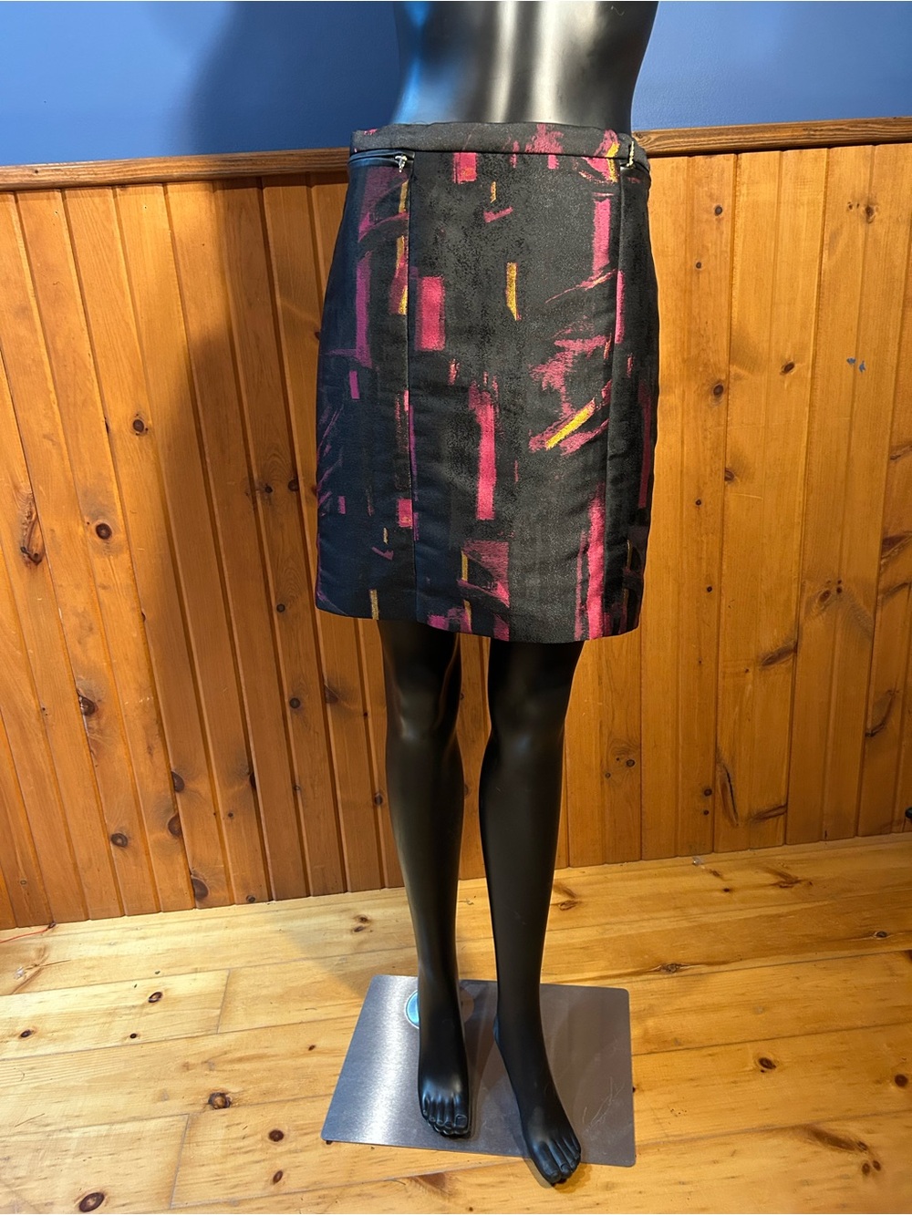 Black Midi Skirt with Pink & Yellow Abstract Brushstrokes. NWOT